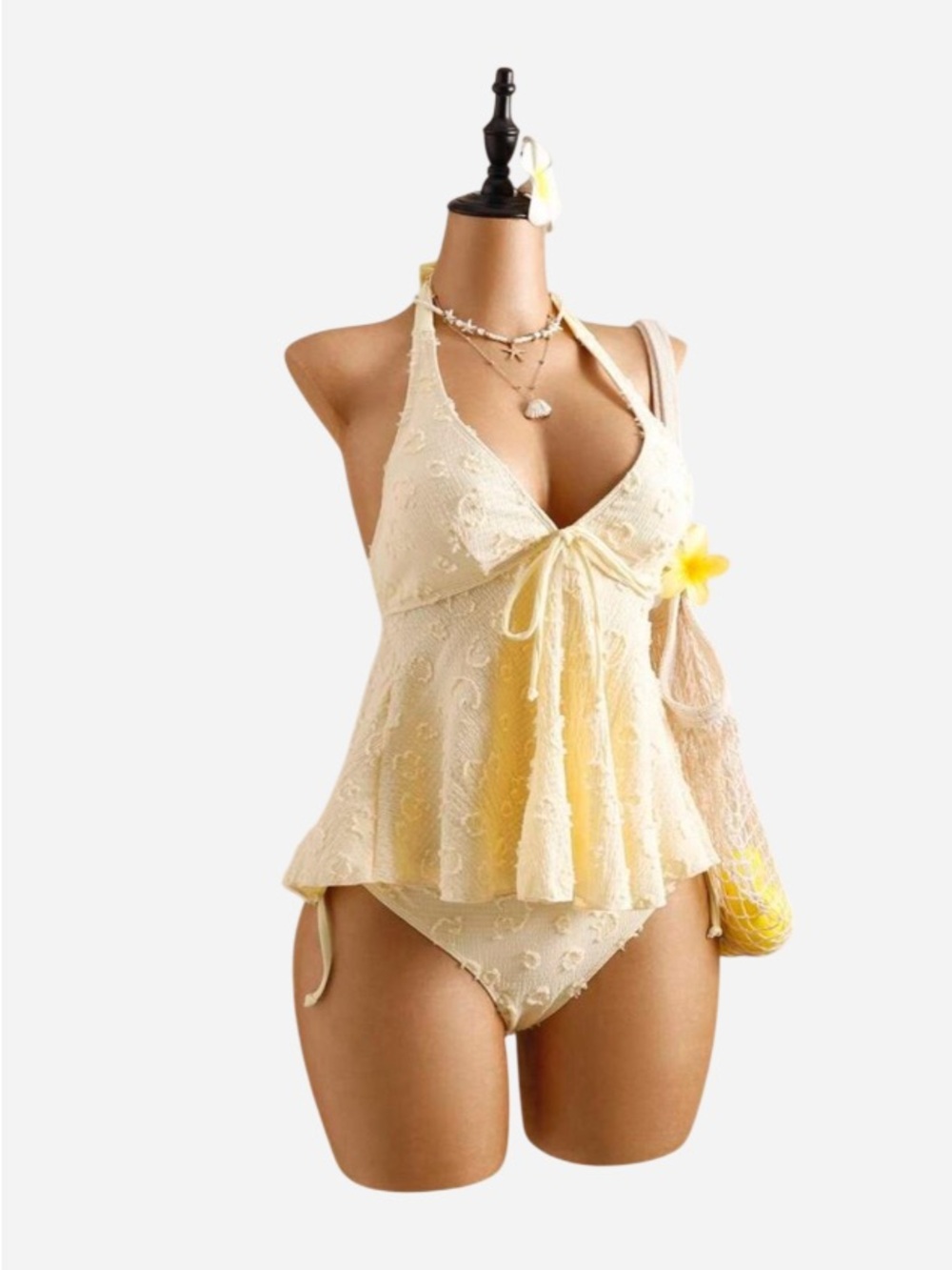 Mid Size Cream Yellow Lace Halter two piece Tankini Swim Set